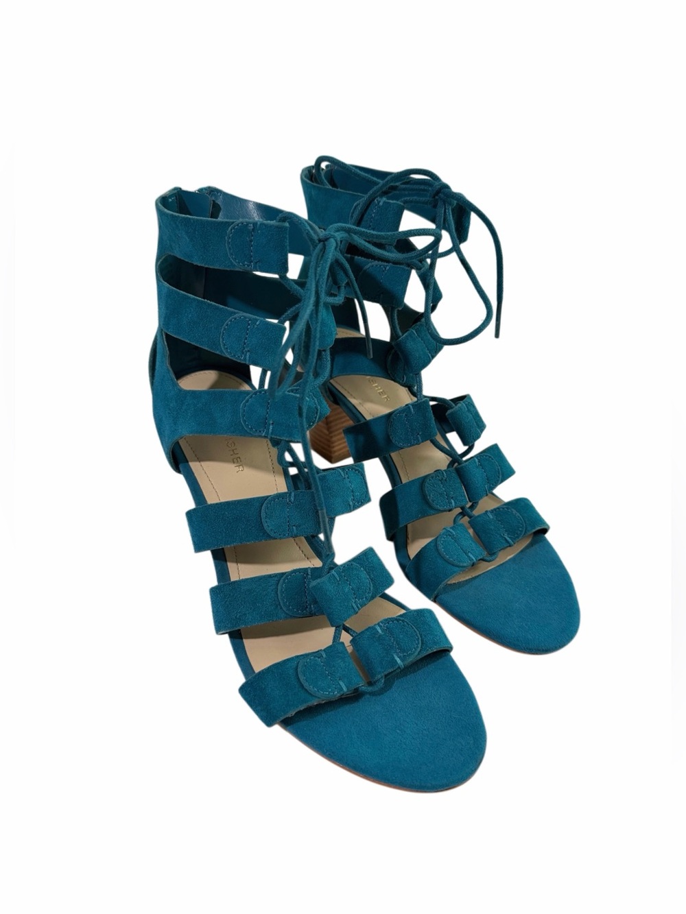 2017 Teal “Marc Fisher” Paradox Suede Lace-Up Block Heel Sandals